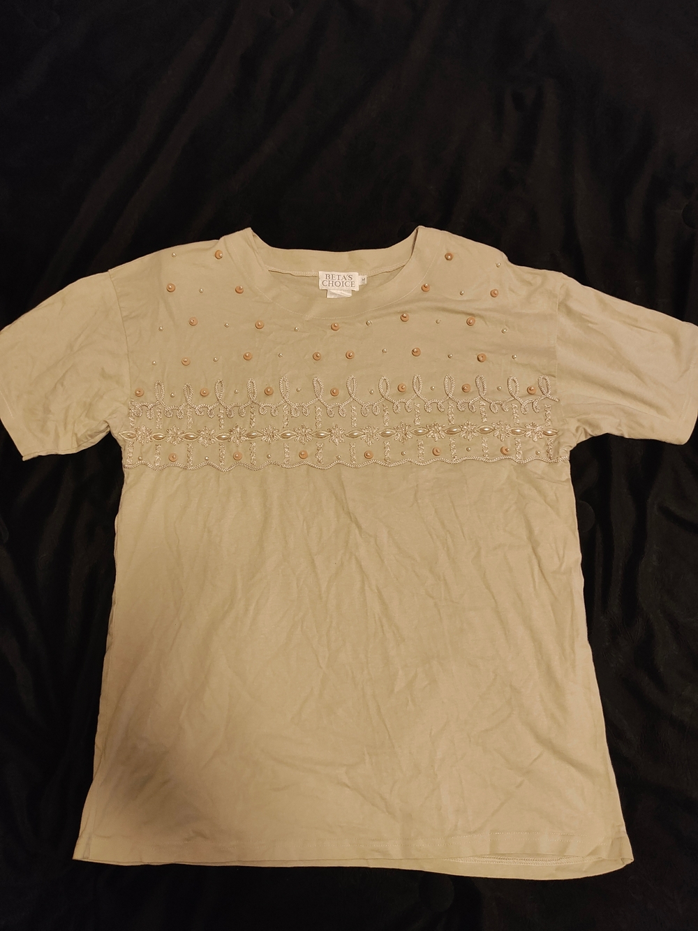 Beaded Embroidered Short Sleeve Tee - Beige